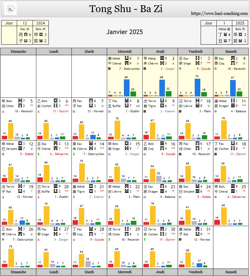 Calendrier mensuel janvier Bazi astrologie chinoise sélection de date 2025 tong shu qi men