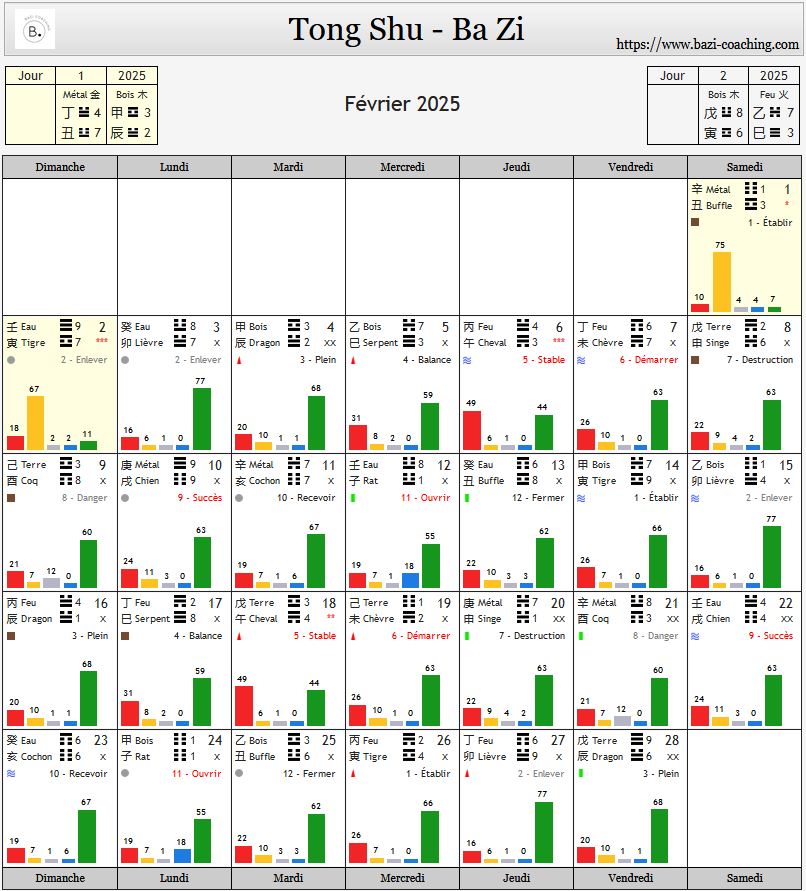 Calendrier février janvier Bazi astrologie chinoise sélection de date 2025 tong shu qi men