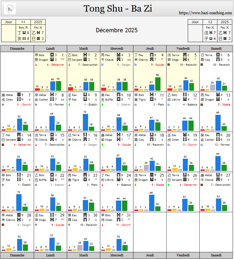 Calendrier décembre Bazi astrologie chinoise sélection de date 2025 tong shu qi men